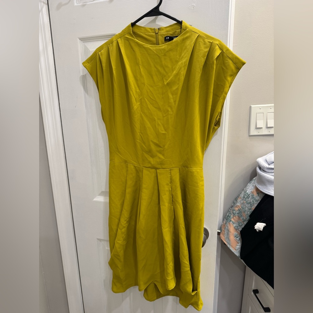 Express Mustard pleated shoulder and pleated wrap dress